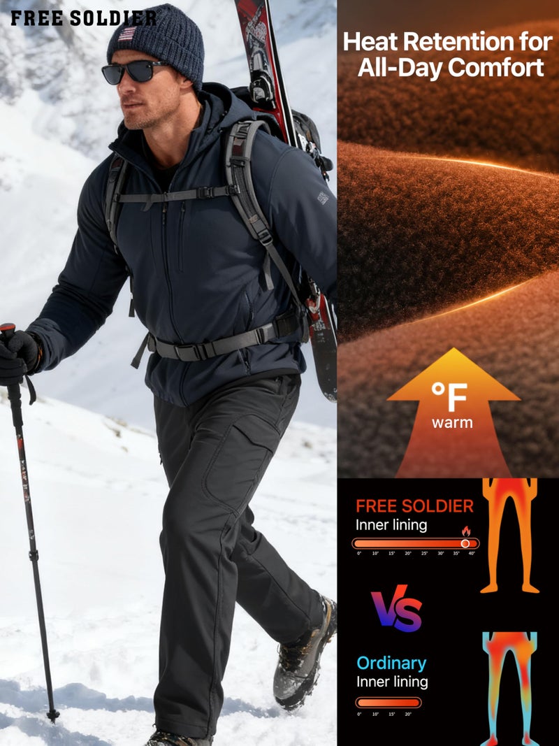 FREE SOLDIER Men's Outdoor Softshell Fleece Lined Cargo Pants Snow Ski Hiking Pants with Belt (Black 30W/28L) - Image 3